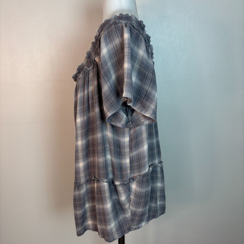 Maurices Top XL Gray Plaid Off-the-Shoulder Button Short Sleeve‎ Blouse Women's - Picture 4 of 12